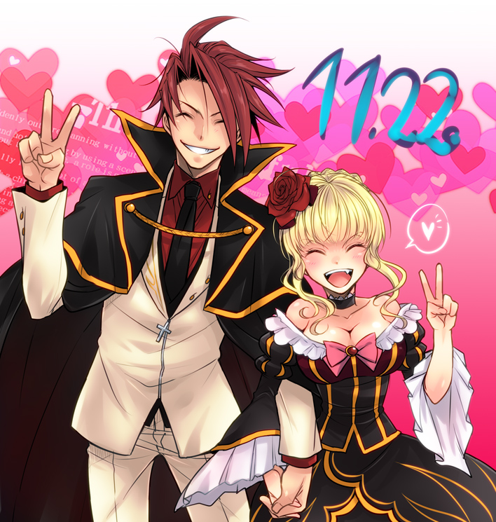 1boy, 1girl, ^_^, beatrice, blonde_hair, bow, breasts, cape