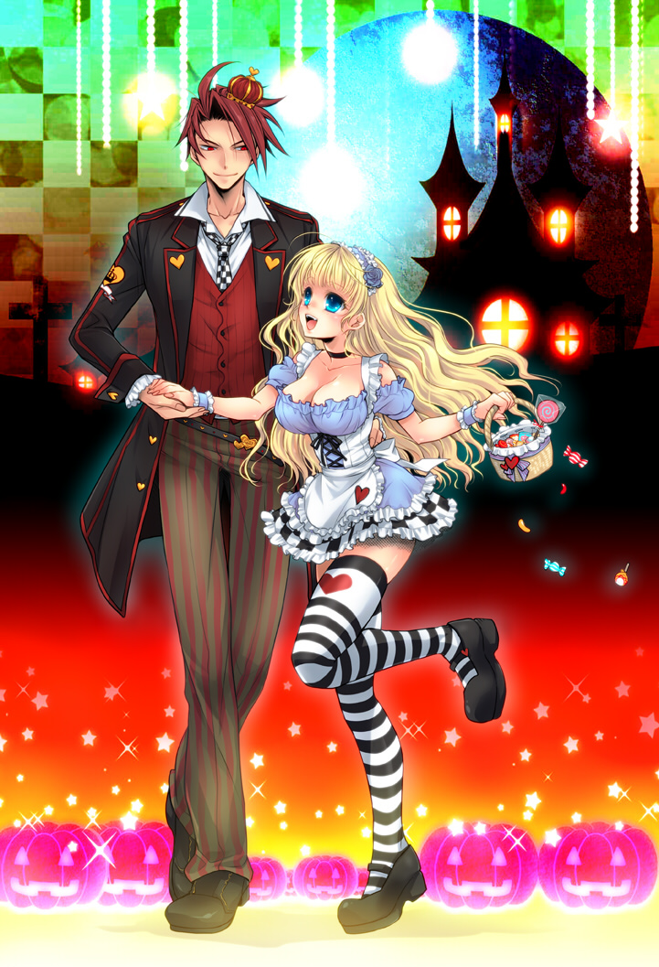 1boy, 1girl, beatrice, black_battler, blonde_hair, blue_eyes, breasts, candy