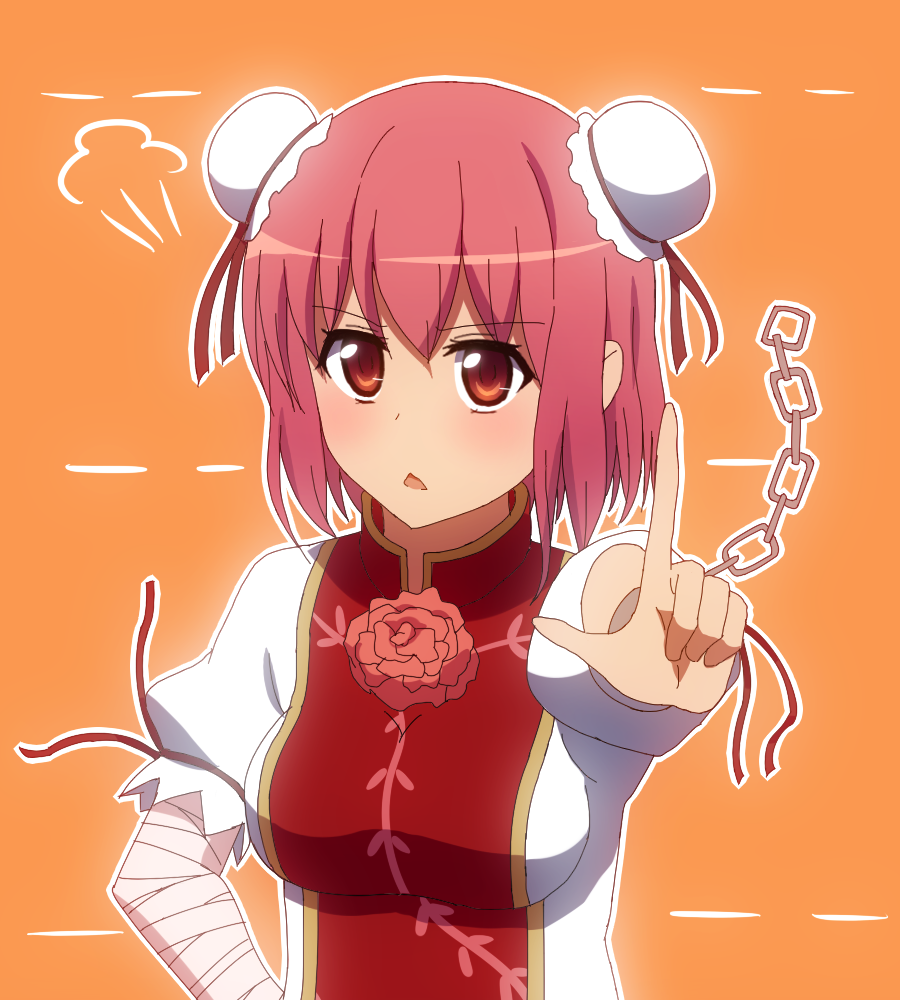 1girl, anime_coloring, bandages, bust, chain, chestnut_mouth, cuffs, double_bun