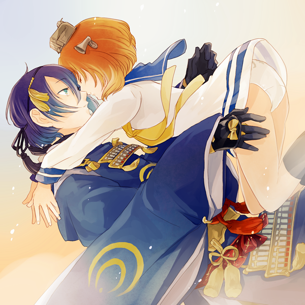 1boy, 1girl, blue_hair, brown_hair, closed_eyes, crossover, gloves, hair_ornament