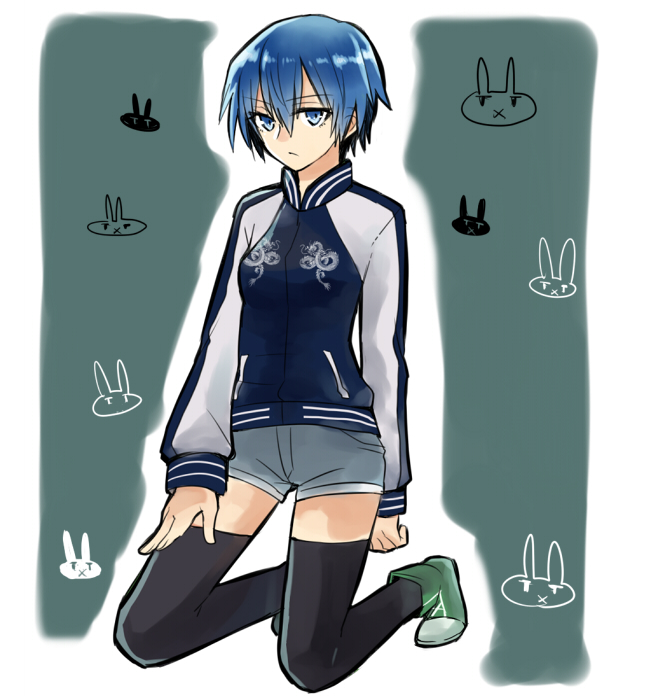 147, akuma_no_riddle, azuma_tokaku, blue_eyes, blue_hair, jacket, kneeling, short_hair