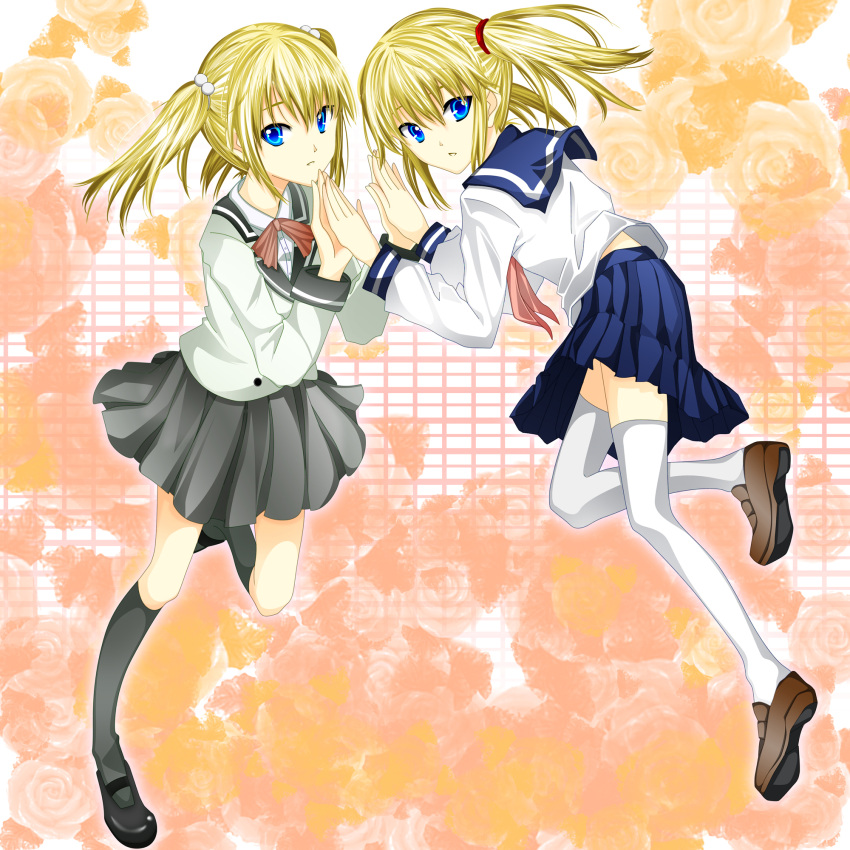 narahara_kei, noberuge, school_uniform, shichouson, surumeika, symmetrical_hand_pose, thigh-highs, thighhighs