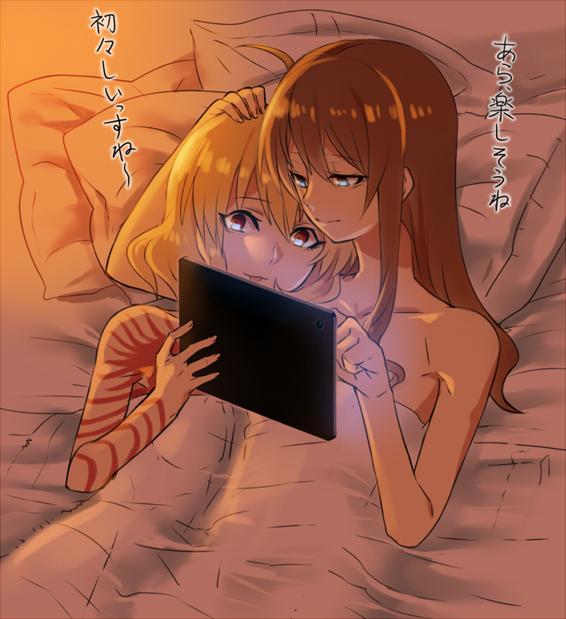 147, 2girls, age_difference, ahoge, akuma_no_riddle, bed, blonde_hair, brown_hair, hashiri_nio, long_hair, multiple_girls, tablet, tattoo, translation_request, under_covers, yuri, yuri_meichi