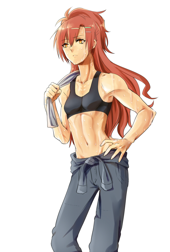 147, akuma_no_riddle, hair_ornament, hairclip, long_hair, navel, pants, redhead