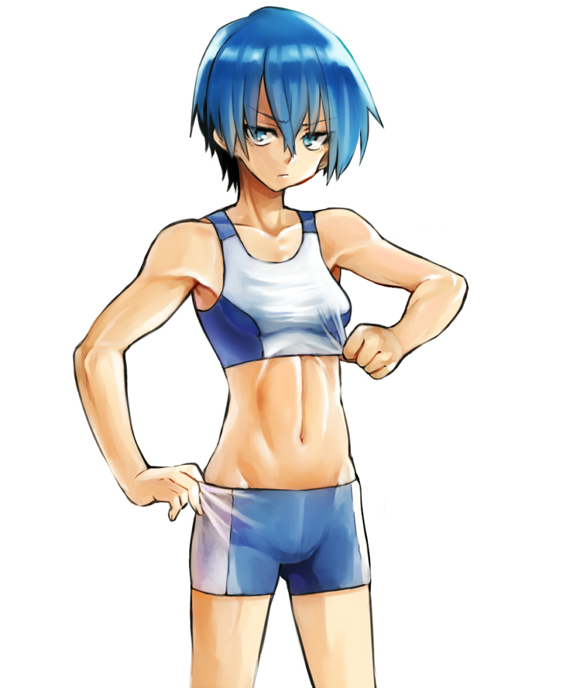 147, 1girl, akuma_no_riddle, azuma_tokaku, bike_shorts, blue_eyes, blue_hair, navel