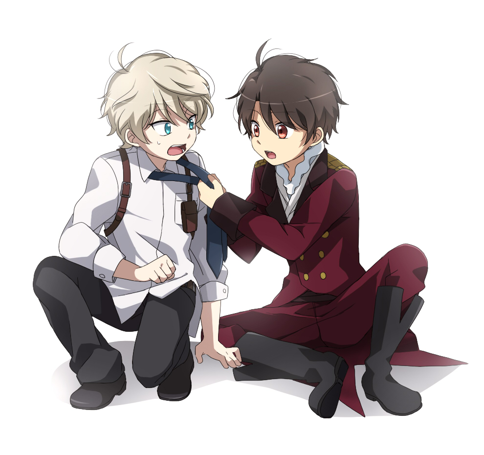 2boys, aldnoah.zero, aohane_riko, aqua_eyes, boots, brown_eyes, brown_hair, cosplay, costume_switch, double-breasted, epaulettes, holster, kaizuka_inaho, kaizuka_inaho_(cosplay), male_focus, military, military_uniform, multiple_boys, necktie, short_hair, silver_hair, slaine_troyard, slaine_troyard_(cosplay), uniform