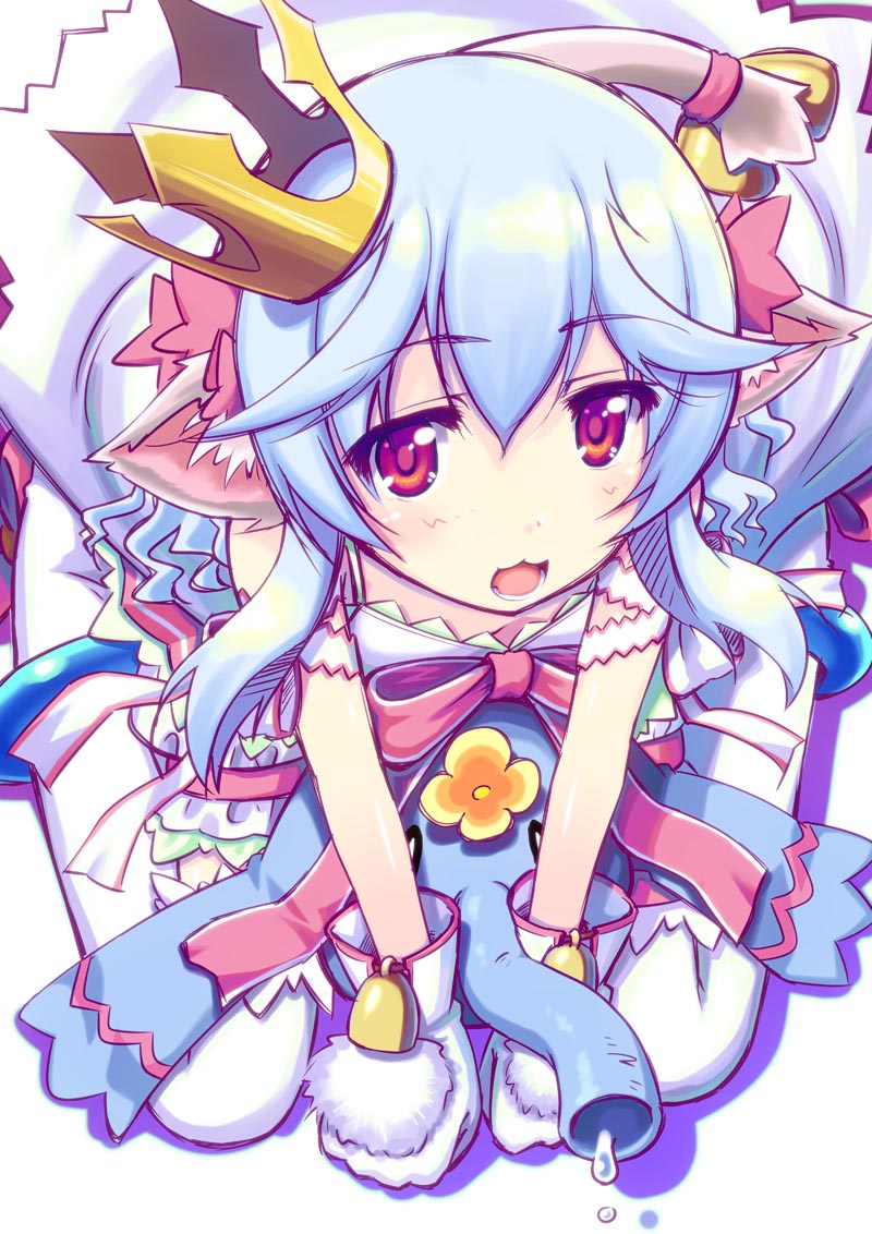 1girl, :3, :d, animal_ears, bell, blue_hair, bow, cat_ears