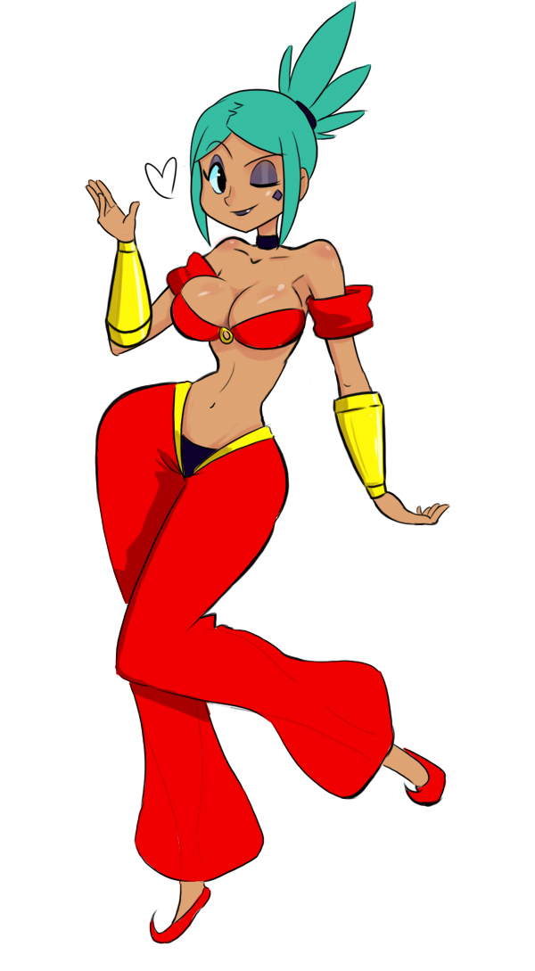 1girl, ;), aqua_hair, bangs, bare_shoulders, bracelet, breasts, cerebella_(skullgirls)