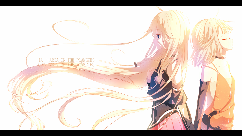 2girls, back-to-back, bangs, blonde_hair, blue_eyes, blunt_bangs, braid, cevio