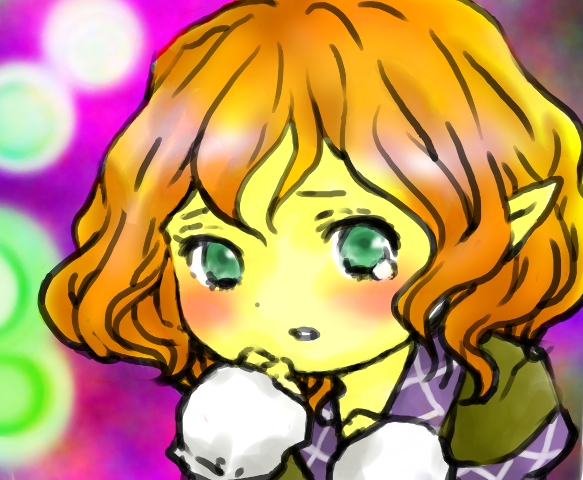 1girl, blurry, blush, chibi, depth_of_field, green_eyes, hand_up, looking_at_viewer, matsushiro_sasaka, mizuhashi_parsee, orange_hair, pointy_ears, solo, spell, tearing_up, touhou, wavy_hair