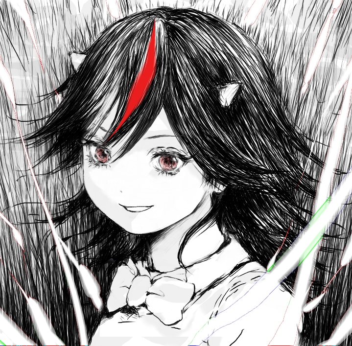 1girl, black_hair, bowtie, bust, eyelashes, horns, kijin_seija, line_shading, magic, matsushiro_sasaka, monochrome, multicolored_hair, red_eyes, shirt, smile, solo, spot_color, touhou, two-tone_hair
