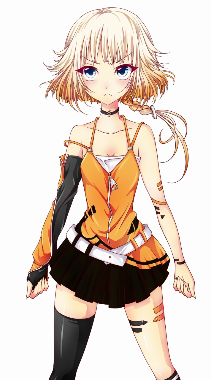 >:(, 1girl, arms_at_sides, belt, black_legwear, blonde_hair, blue_eyes, braid