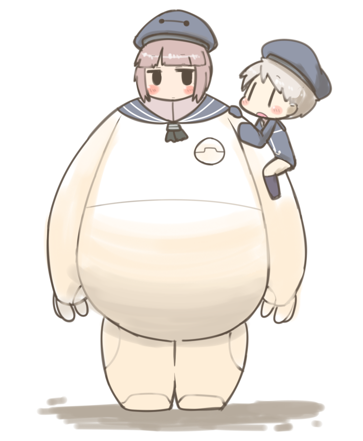 2girls, baymax, baymax_(cosplay), big_hero_6, blush_stickers, brown_hair, chibi, grey_hair