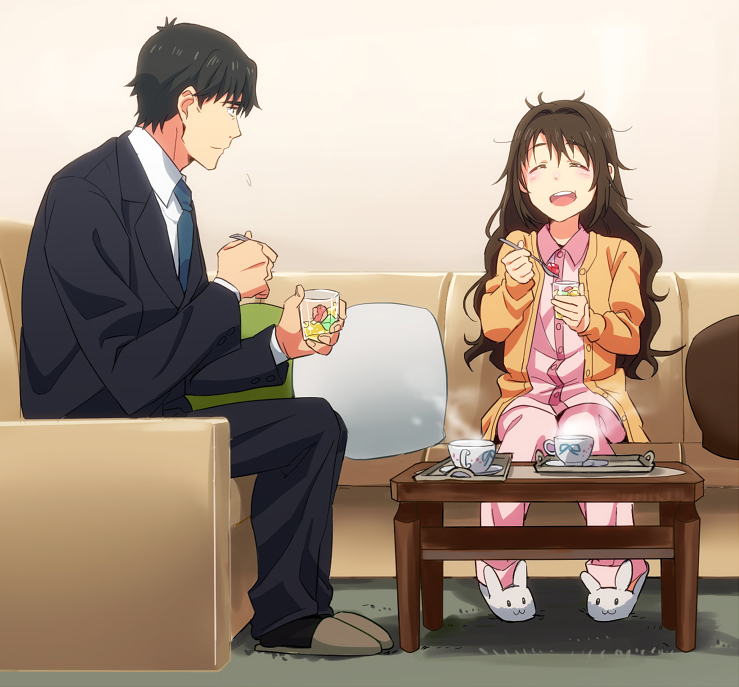 hariyama_(toubou_tengoku), idolmaster, idolmaster_cinderella_girls, messy_hair, pajamas, producer_(idolmaster_cinderella_girls_anime), shimamura_uzuki, sitting