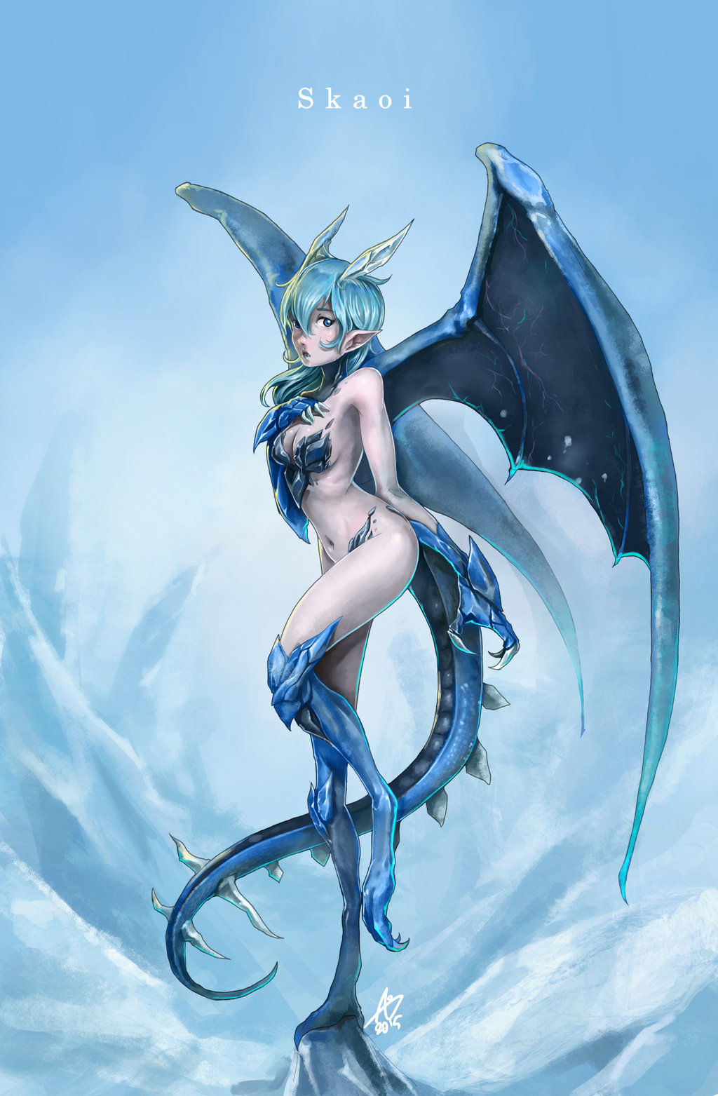 1girl, 2015, blue, blue_eyes, blue_hair, blue_lipstick, borrowed_character, breasts, character_name, claws, dragon_girl, dragon_horns, dragon_tail, dragon_wings, full_body, hand_on_own_chest, highres, lipstick, long_hair, makeup, marwan_islami, monster_girl, navel, original, pointy_ears, scales, signature, skaoi, solo, tail, wings