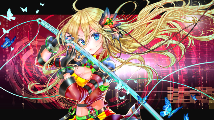 1girl, blonde_hair, blue_eyes, breasts, butterfly, digital_rain, elbow_gloves, flower