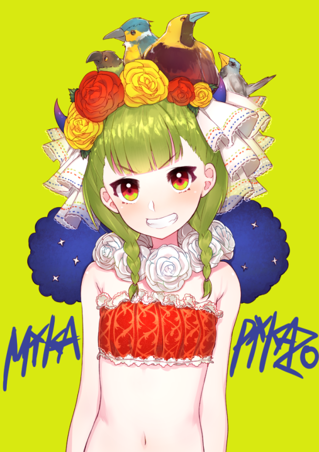 1girl, animal_on_head, bandeau, bird, bird_on_head, braid, flower, green_hair