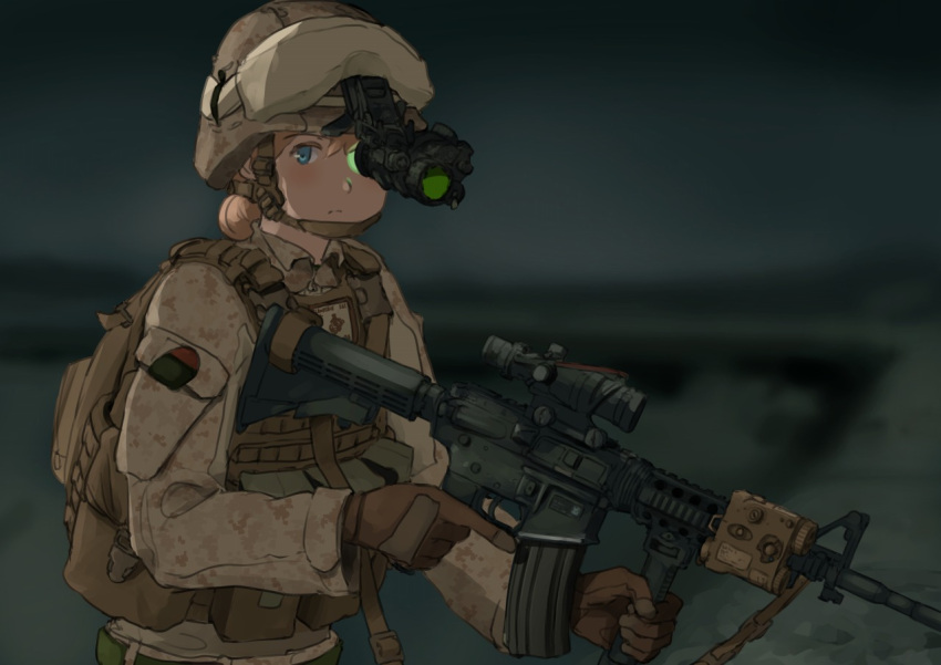 1girl, backpack, bag, blonde_hair, blue_eyes, camouflage, gloves, helmet