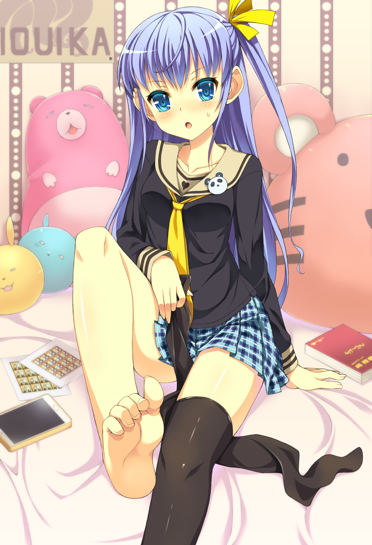 :o, blue_eyes, blue_hair, blush, book, cellphone, feet, hair_ribbon