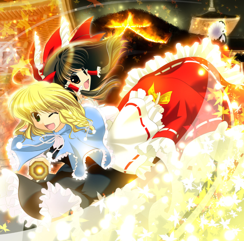 :d, bad_id, black_hair, blonde_hair, bonfire, bow, braid, capelet