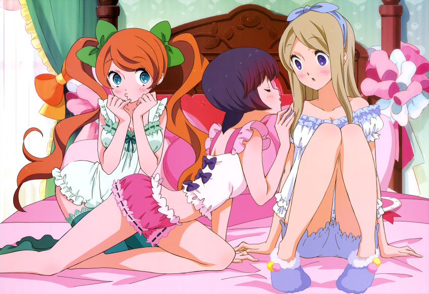 3girls, absurdres, blonde_hair, blue_eyes, blue_hair, blush, brown_hair, chemise