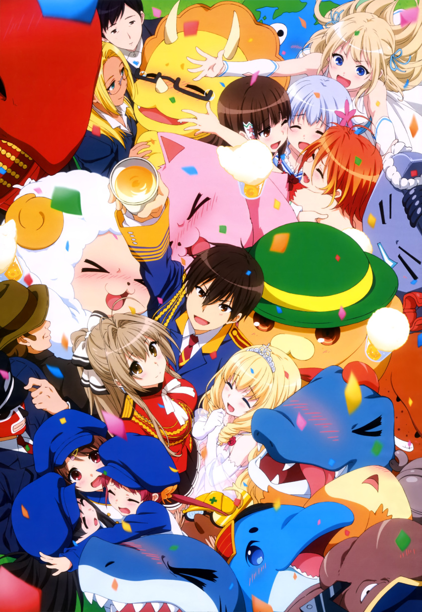 6+girls, absurdres, ahoge, amagi_brilliant_park, arm_up, blonde_hair, blue_hair, blush