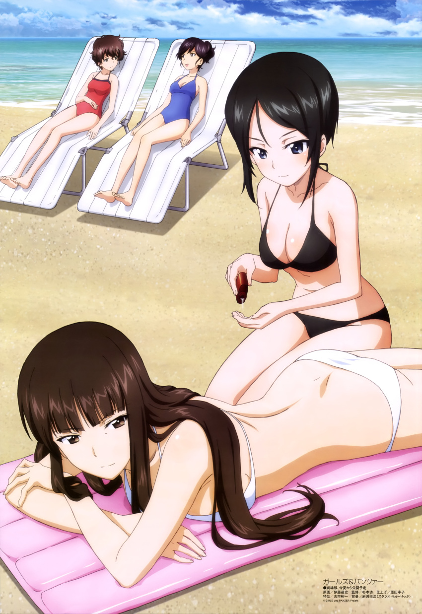 4girls, absurdres, akiyama_yoshiko, beach, black_hair, breasts, brown_hair, character_request