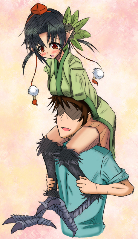 1boy, 1girl, amputee, artist_request, black_hair, blush, brown_hair, crow_tengu, double_amputee, drawfag, harpy, hat, hetero, monster_girl, monster_girl_encyclopedia, orange_hair, pointy_ears, sitting_on_shoulder, talons, tengu, tokin_hat