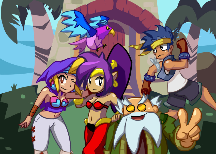 2boys, 2girls, bandana, beard, bird, blonde_hair, blue_hair, bolo_(shantae)