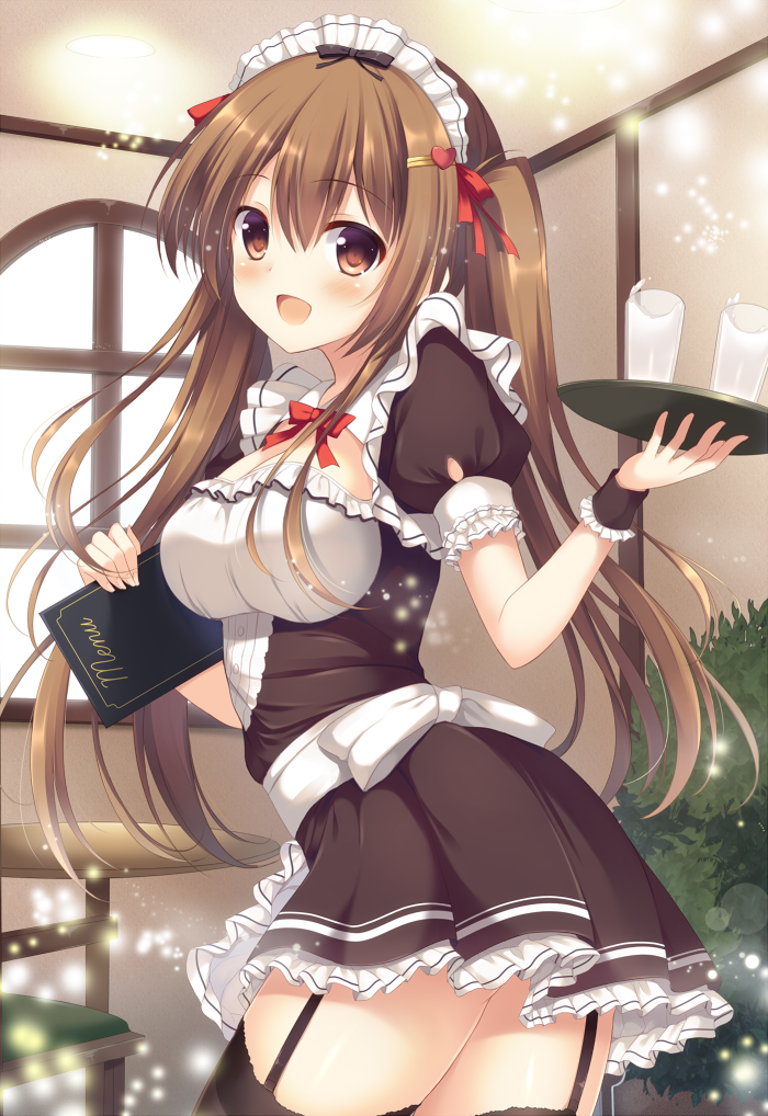 1girl, :d, black_legwear, breasts, brown_eyes, brown_hair, cleavage, dress