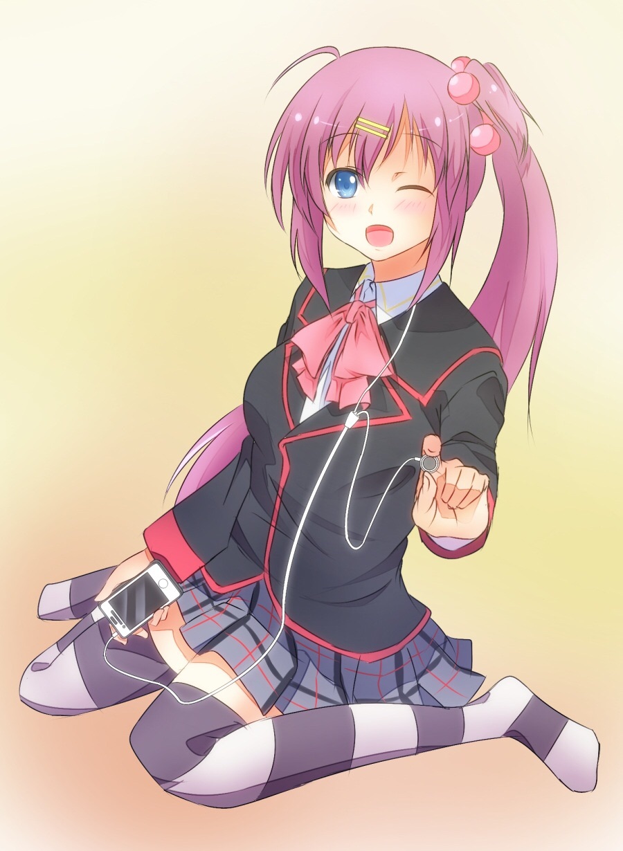 1girl, blue_eyes, cellphone, earphones, highres, little_busters!!, long_hair, mu-chu