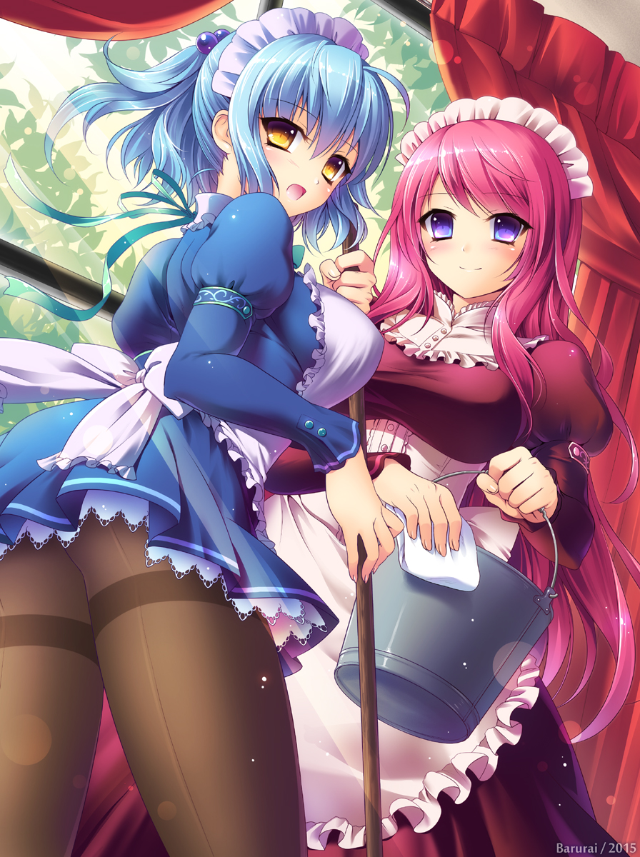 2015, 2girls, :d, artist_name, blue_eyes, blue_hair, bucket, bururai