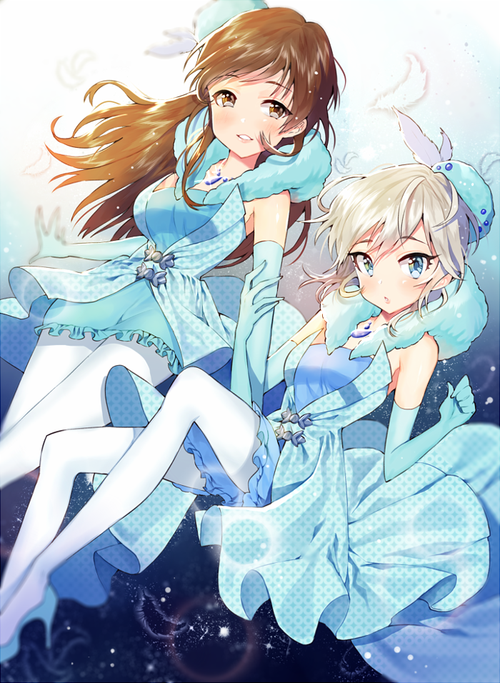 2girls, anastasia_(idolmaster), bare_shoulders, blue_eyes, breasts, brown_eyes, brown_hair, dress