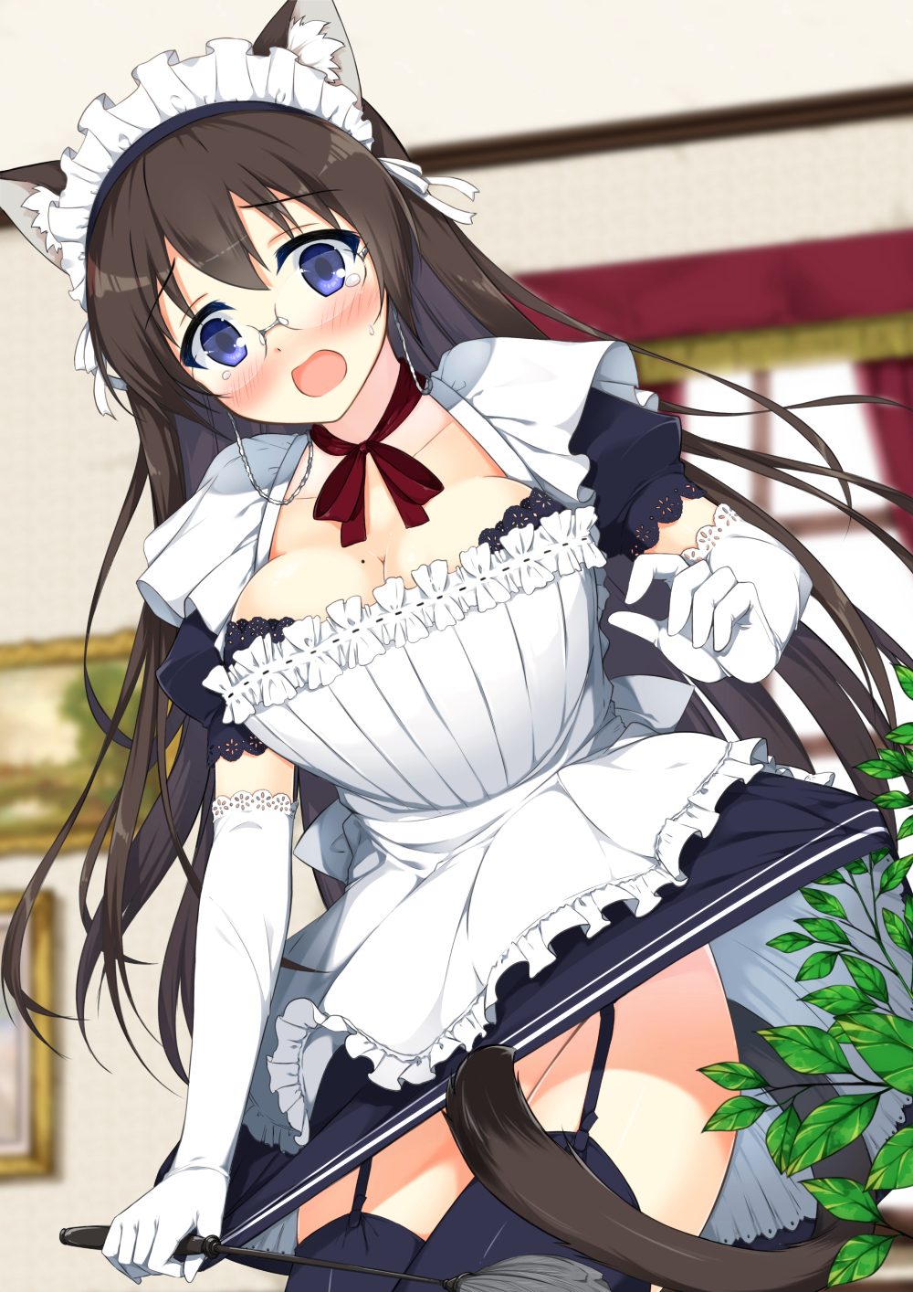 1girl, animal_ears, apron, blue_eyes, blush, breasts, brown_hair, cat_ears