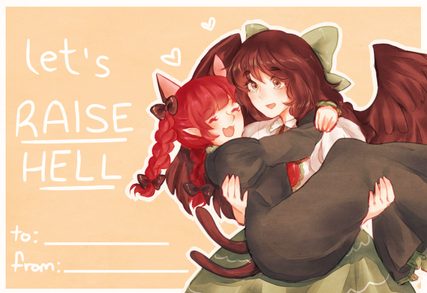 2girls, :d, animal_ears, bird_wings, black_dress, bow, braid, brown_eyes