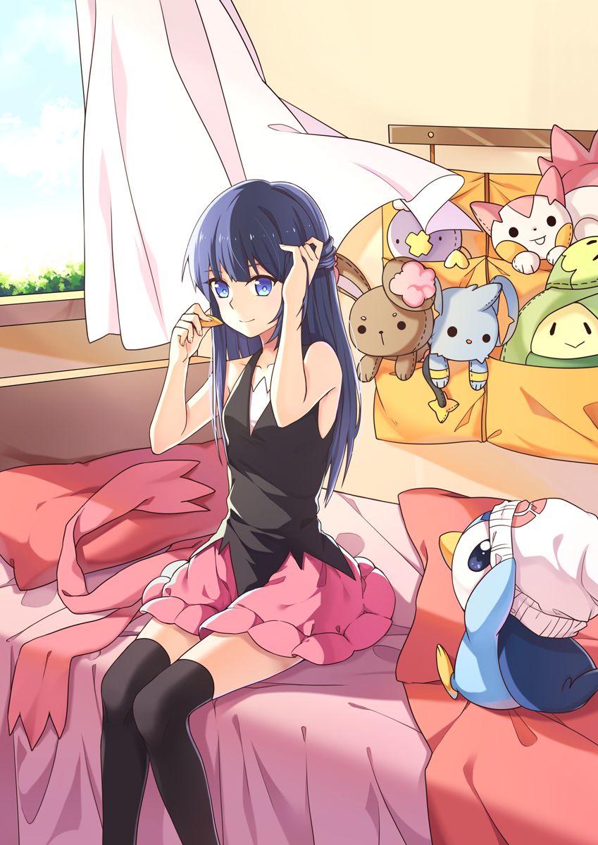 1girl, bed, black_hair, blue_eyes, curtains, hairclip_removed, hat, hat_removed, headwear_removed, highres, hikari_(pokemon), long_hair, pillow, piplup, pokemon, pokemon_(creature), scarf, scarf_removed, shirt, sitting, skirt, sleeveless, sleeveless_shirt, smile, stuffed_toy, thigh-highs, transistor, window, zettai_ryouiki