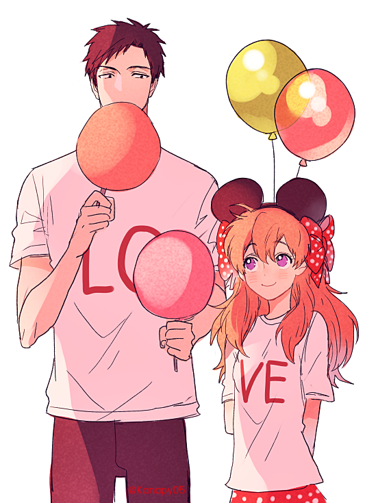 1boy, 1girl, animal_ears, balloon, black_hair, bow, brown_eyes, candy