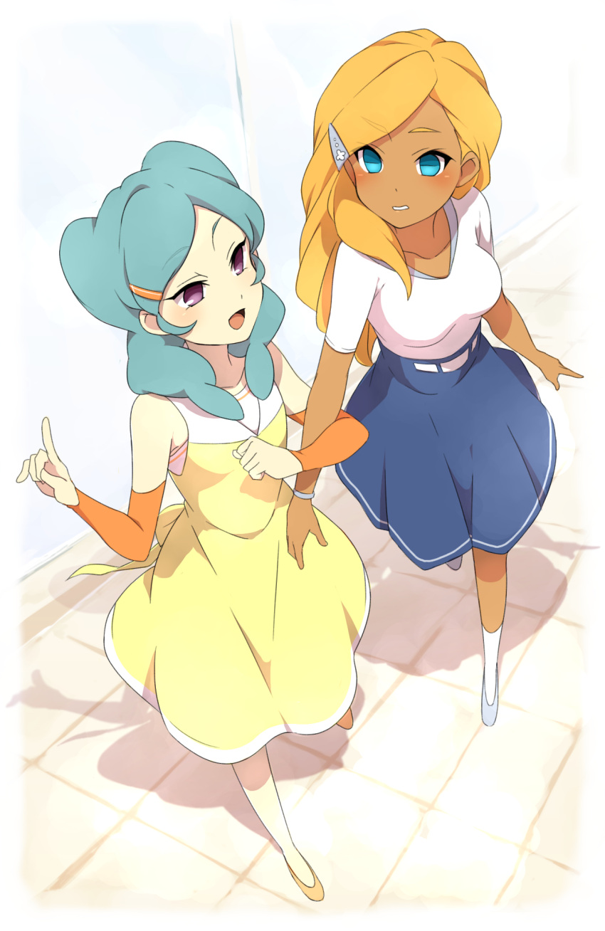 2girls, aqua_hair, beta_(inazuma_eleven), blonde_hair, blue_eyes, dress, from_above, hair_ornament