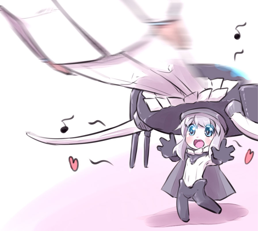 1boy, 1girl, :d, admiral_(kantai_collection), biting, black_gloves, blue_eyes, blush, bodysuit, gloves, hat, heart, kantai_collection, leg_up, long_hair, minigirl, musical_note, open_mouth, pants, shinkaisei-kan, smile, solo, suizennji, tentacles, white_hair, white_skin, wo-class_aircraft_carrier