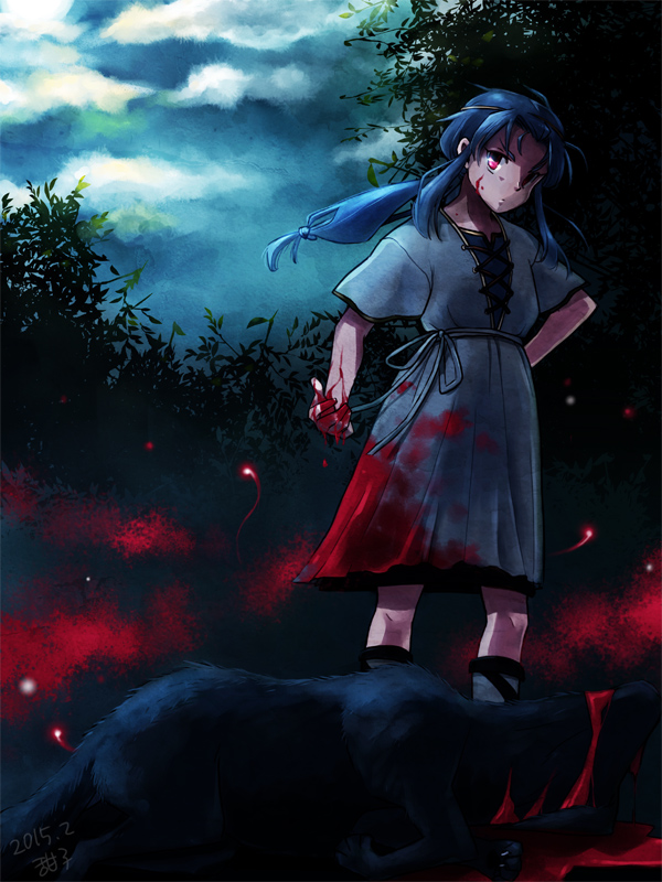1boy, blood, bloody_clothes, blue_hair, child, dog, fate/stay_night, fate_(series)