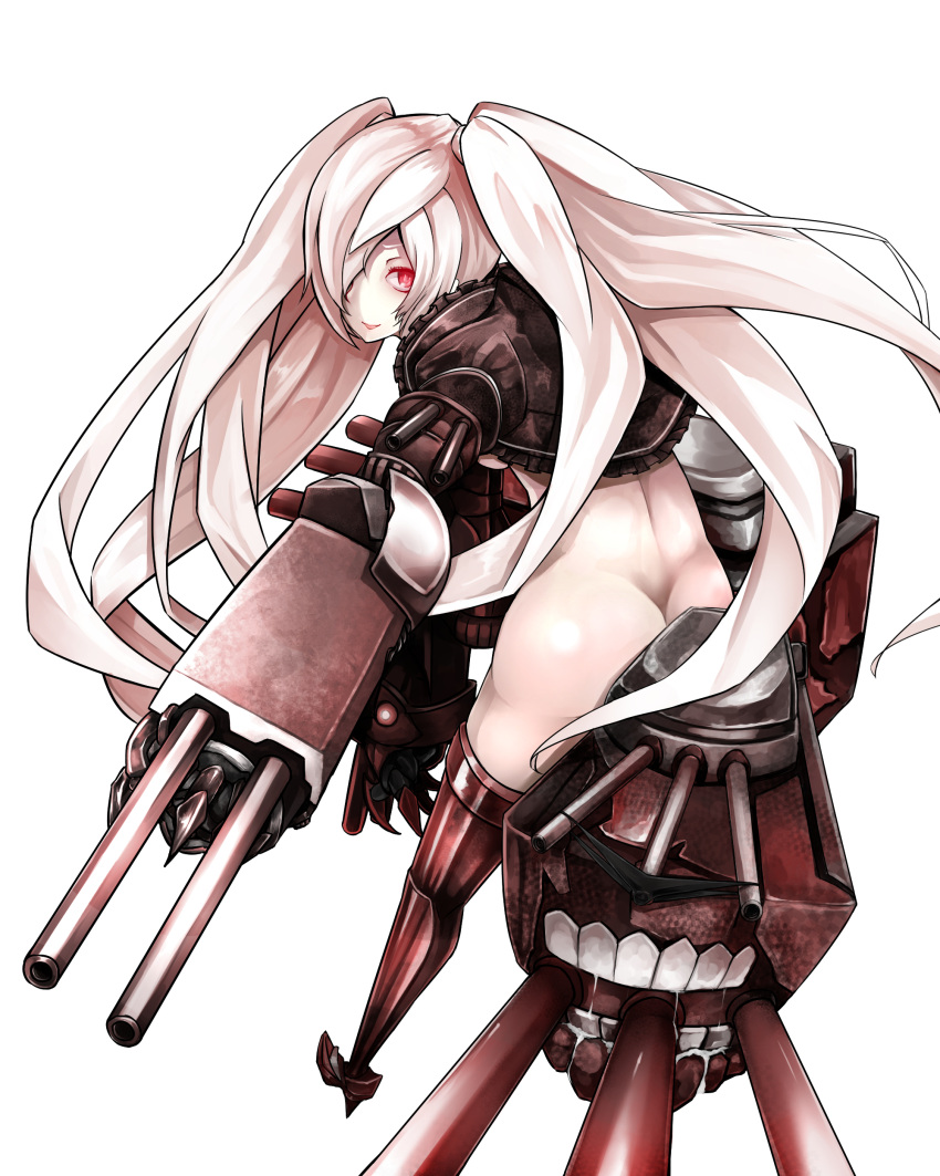 1girl, absurdres, ass, black_legwear, boots, bottomless, claws, gauntlets, ginto, hair_over_one_eye, high_heel_boots, high_heels, highres, kantai_collection, long_hair, red_eyes, saliva, shinkaisei-kan, solo, southern_ocean_oni, thigh-highs, thigh_boots, turret, twintails, very_long_hair, white_hair, white_skin