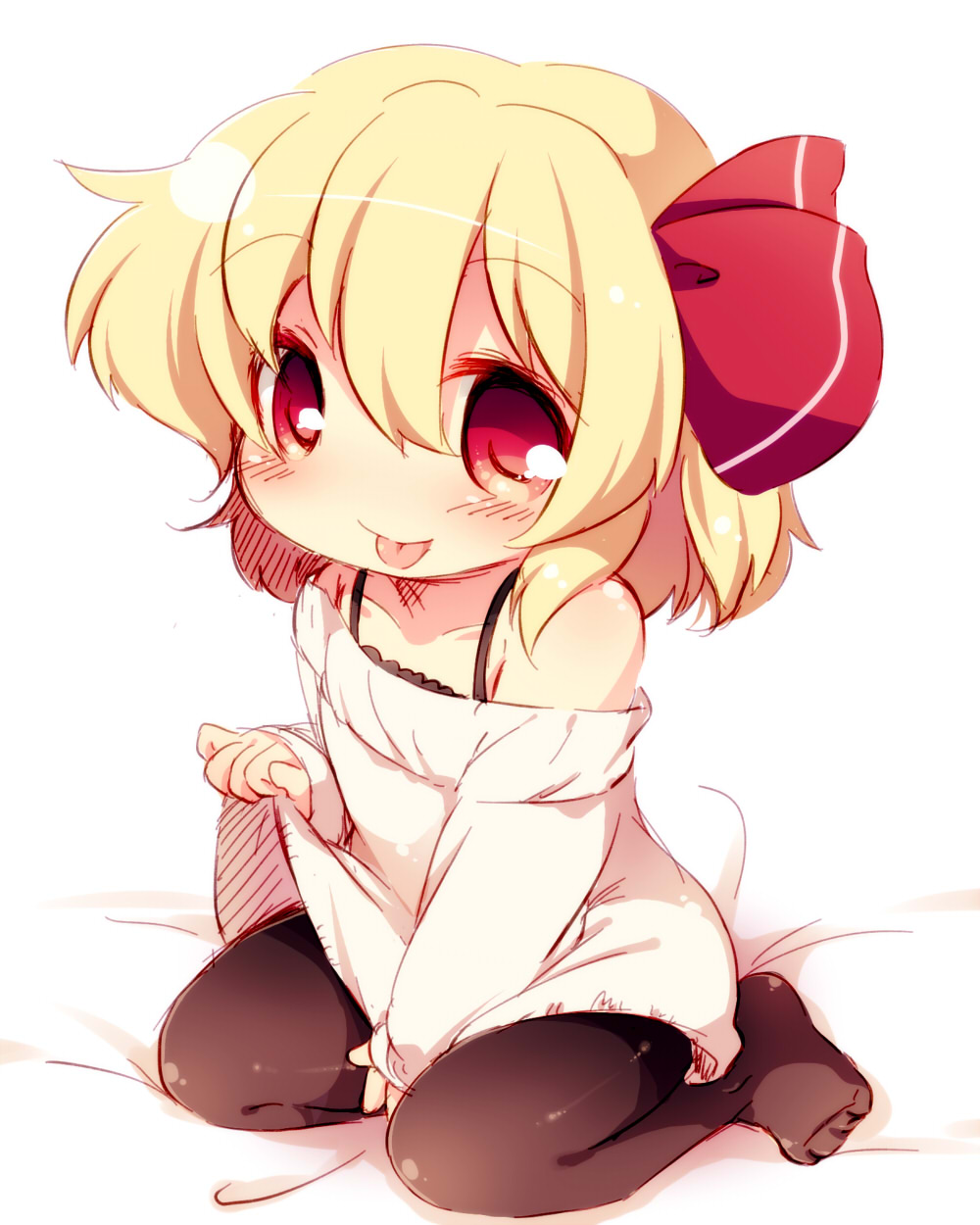 1girl, bangs, bare_shoulders, bed_sheet, blonde_hair, blush, brown_legwear, camisole, chemise, collarbone, full_body, hair_between_eyes, hair_ribbon, highres, long_sleeves, looking_at_viewer, matatabi_(nigatsu), pantyhose, petite, red_eyes, ribbon, rumia, seiza, shiny, shiny_hair, shiny_skin, short_hair, simple_background, sitting, sleeves_past_wrists, solo, tagme, tareme, tongue, tongue_out, touhou, white_background