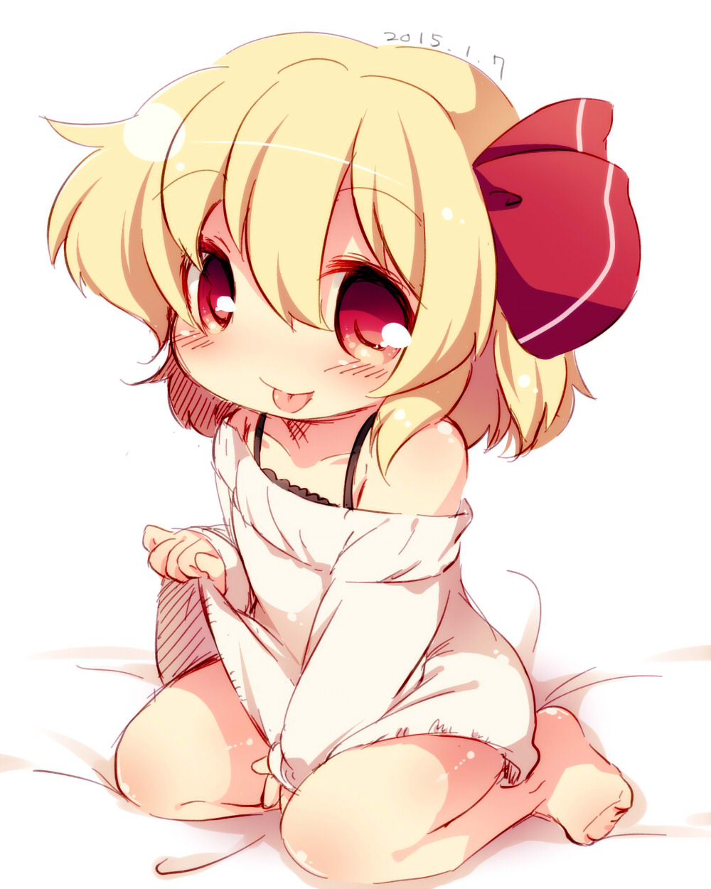 1girl, bangs, bare_legs, bare_shoulders, barefoot, bed_sheet, blonde_hair, blush, camisole, chemise, collarbone, dated, full_body, hair_between_eyes, hair_ribbon, highres, long_sleeves, looking_at_viewer, matatabi_(nigatsu), petite, red_eyes, ribbon, rumia, seiza, shiny, shiny_hair, shiny_skin, short_hair, simple_background, sitting, sleeves_past_wrists, solo, tagme, tareme, tongue, tongue_out, touhou, white_background