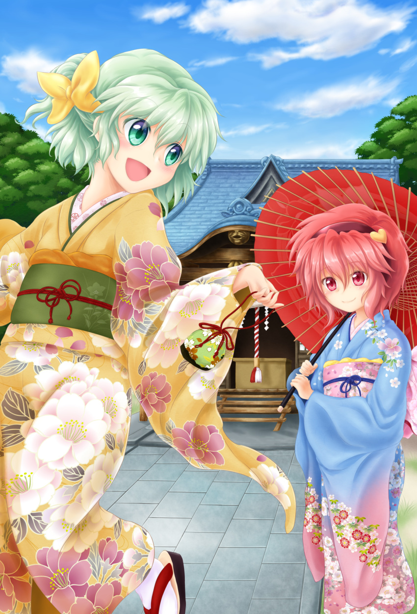 2girls, alternate_costume, alternate_hairstyle, aqua_eyes, aqua_hair, architecture, bag, blue_sky