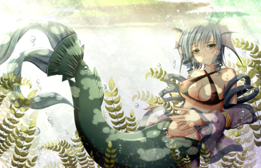 1girl, ahoge, alternate_costume, blue_hair, breasts, bubble, cleavage, doc.lnn