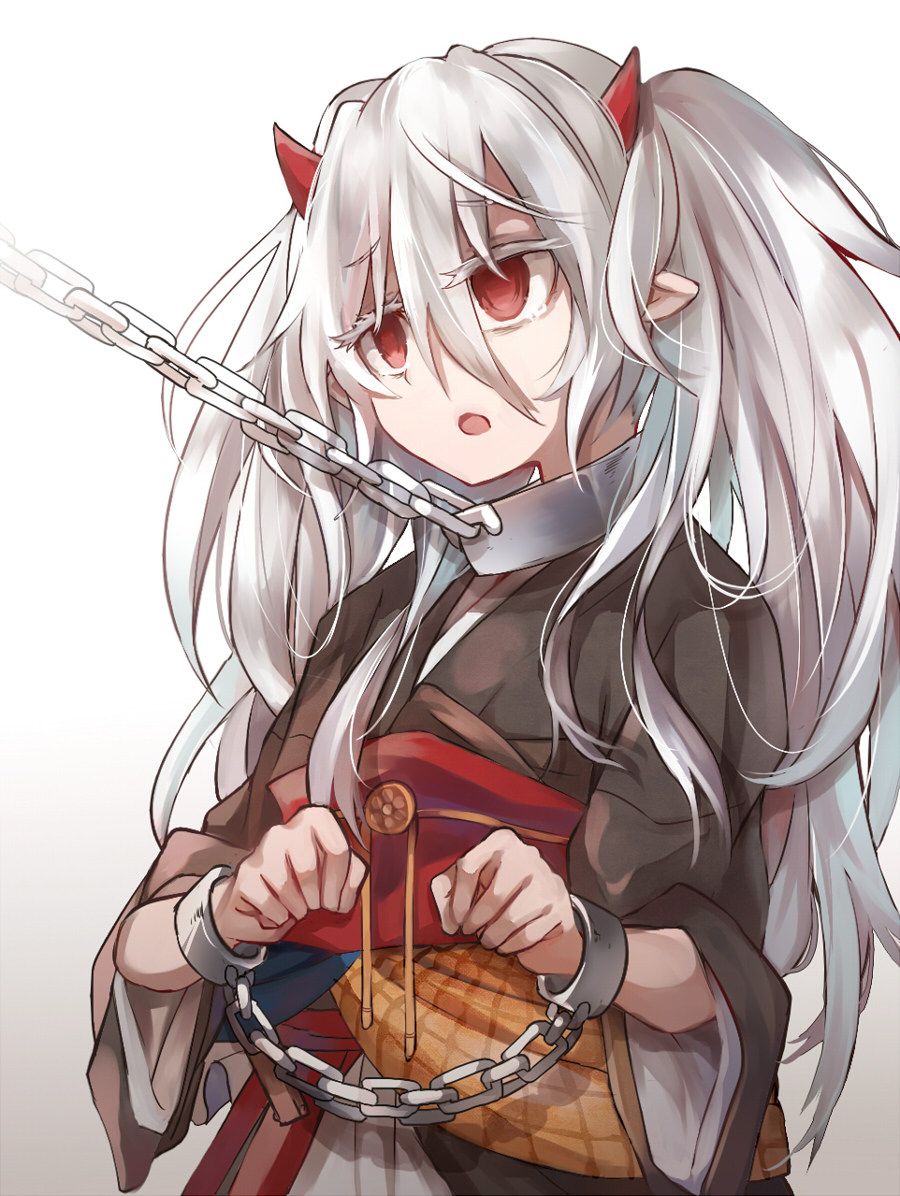 1girl, choker, cuffs, duel_monster, handcuffs, horns, japanese_clothes, kimono