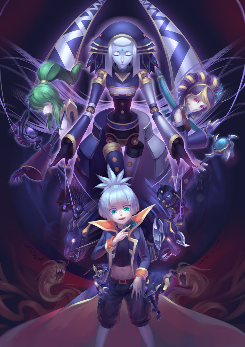 1boy, 3girls, card, doll_joints, duel_monster, el_shaddoll_construct, el_shaddoll_wendigo, el_shaddoll_winda, highres, looking_at_viewer, midriff, multiple_girls, navel, puppet_strings, shaddoll_beast, shaddoll_dragon, shaddoll_falco, shaddoll_hedgehog, shiunin_sora, trueactual, yuu-gi-ou
