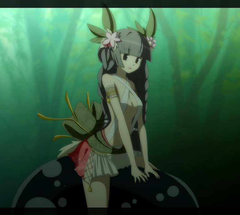 1girl, armband, black_eyes, black_hair, braid, duel_monster, flower, hair_flower