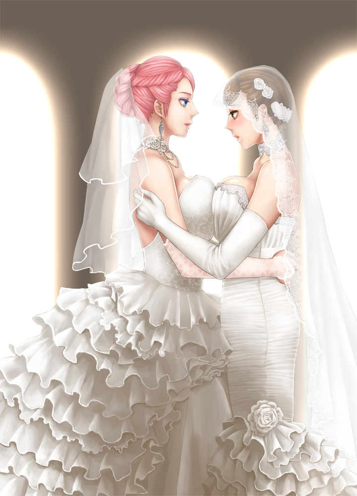 2girls, blue_eyes, breast_press, breasts, bridal_gauntlets, brown_eyes, brown_hair, choker, dress, earrings, elbow_gloves, flower, gloves, hair_flower, hair_ornament, hair_up, jewelry, large_breasts, megurine_luka, meiko, multiple_girls, murasaki_(ekyu), necklace, pink_hair, short_hair, symmetrical_docking, veil, vocaloid, wedding_dress, yuri