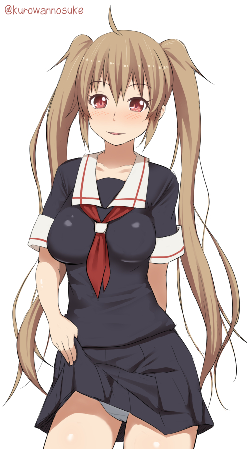 1girl, ahoge, artist_name, blush, brown_hair, kantai_collection, kurowan, long_hair
